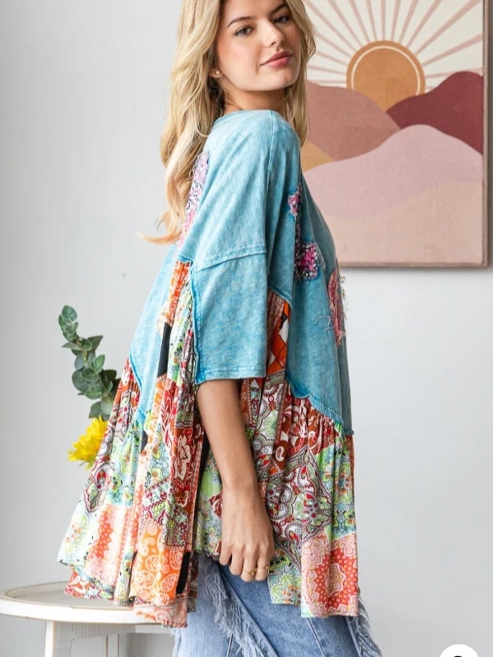 NEW!!! Oli And Hali WASHED ROUND NECK LOVE PATCHWORK RUFFLE HEM TOP, Sz XL - Picture 5 of 6